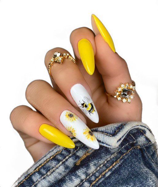 Sunflowers And Yellow Nails With Bee Design Women