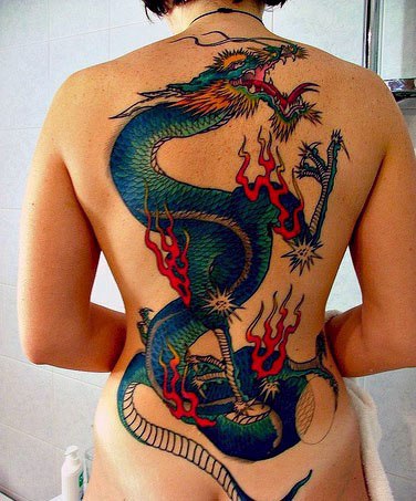 Superb Colored Dragon Tattoo Womens Back