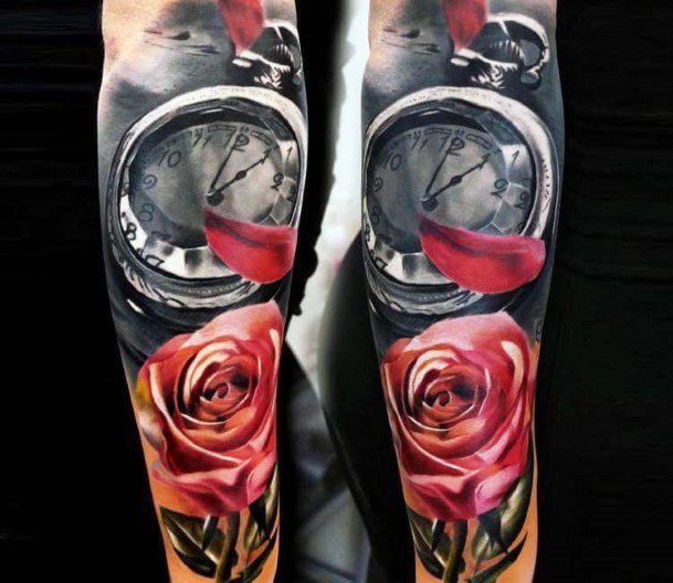 Superb Red Roses And Clocks Tattoo For Women On Arms