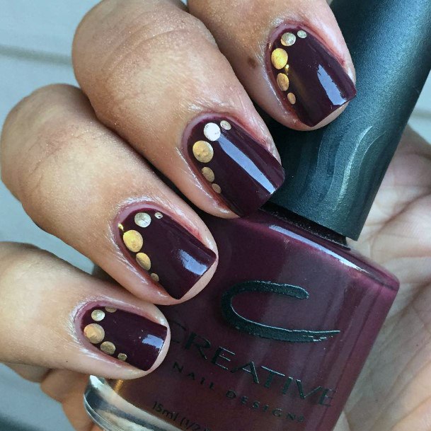 Sute Simple Maroon And Gold Polka Dot Nail Design For Ladies