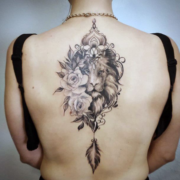 Swanky Lion And Roses Women Back Tattoo