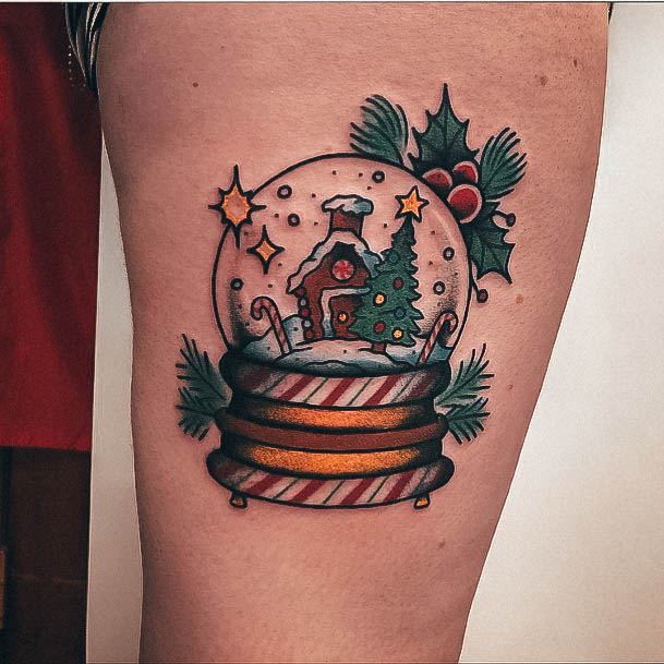 Sweet Gingerbread House Tattoo Designs For Girls Thigh Snowglobe