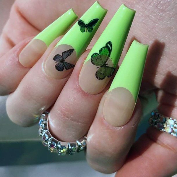 Sweet Lime Green French Tip Black Butterfly Design Prom Nail Ideas For Women