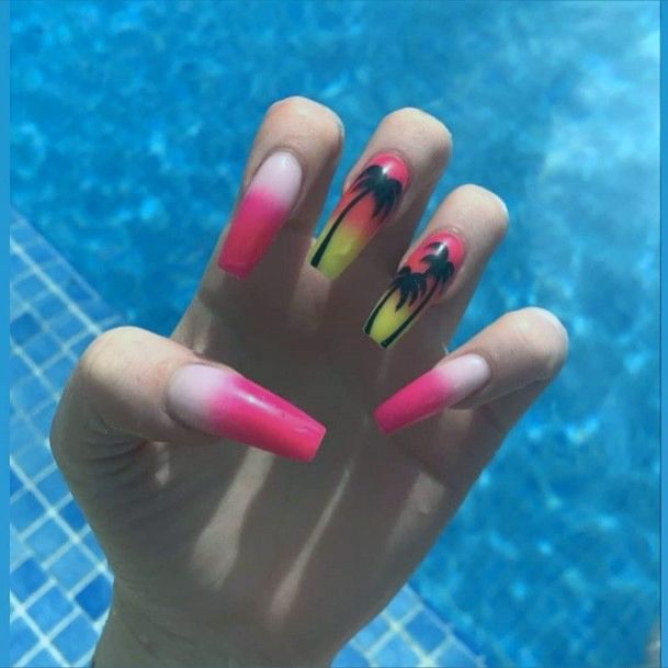 Sweet Long Pink Yellow Ombre Squared Tip Palm Tree Nails Ideas For Women