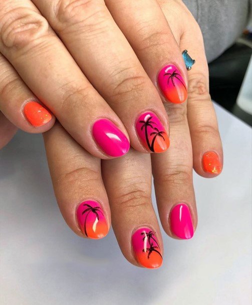 Sweet Neon Girly Short Palm Tree Nails Inspiration For Women