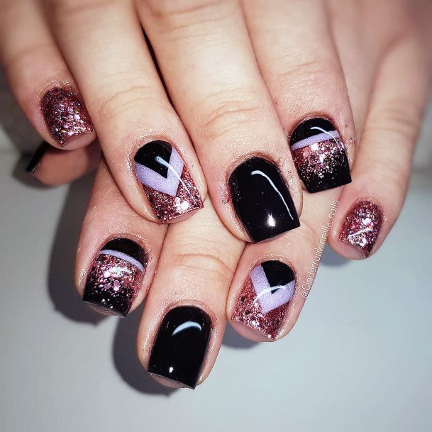 Sweet Short Glossy Black Pink Sparkly Nail Inspiration Ideas For Girls