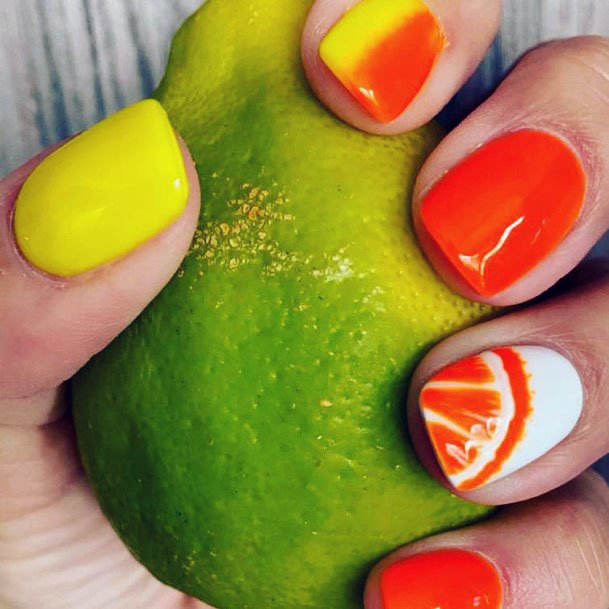 Sweet Two Tone Citrus Bright Vibrant Nail Design Ideas For Girls