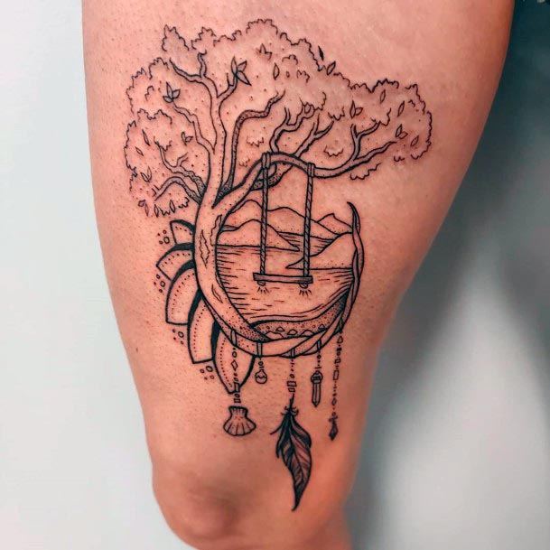 Swing In Tree Dream Catcher Tattoo For Women