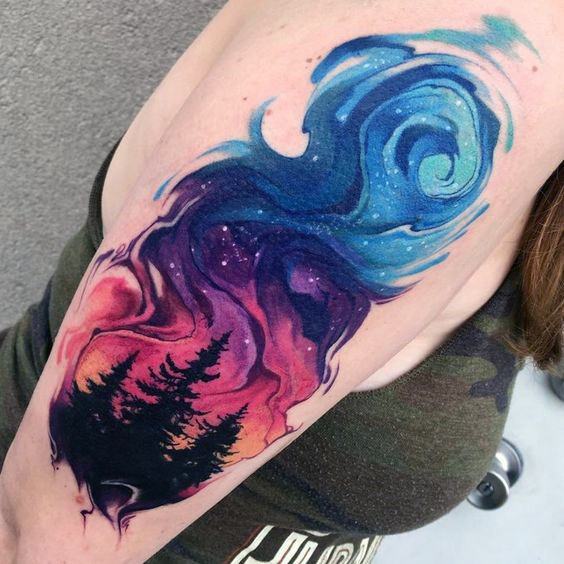 Swirls Of Colors And Black Tree Tattoo For Women