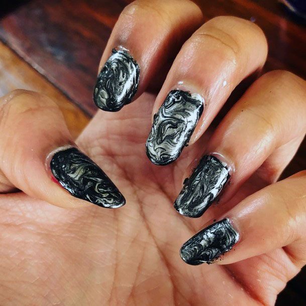 Swirls Of Silver On Black Nail Art For Women