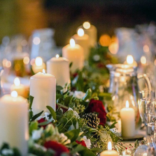 Table Runner Greens And Flowers Christmas Wedding And White Candles Lit