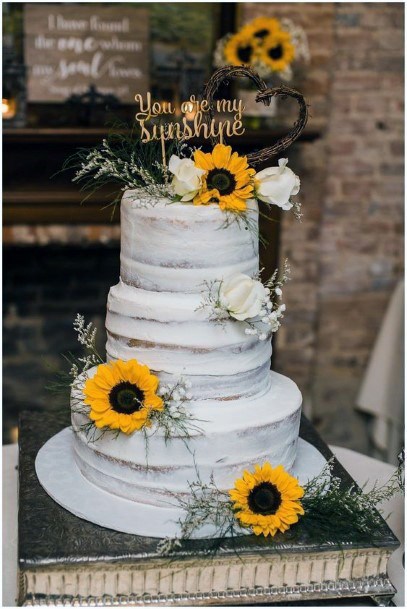 Tasty White Three Layer Wedding Day Sunflower Design Inspirational Ideas