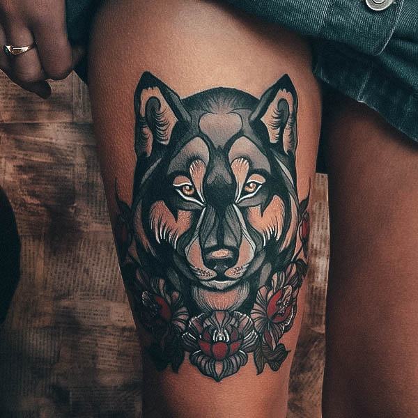 Tattoo Ideas Womens Neo Traditional Design Wolf On Thigh