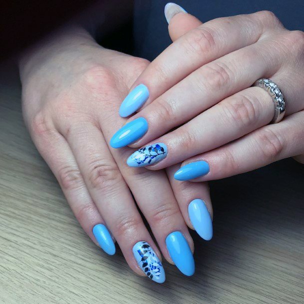 Teal Blue Shellac Nails With Black Leaf Print For Women