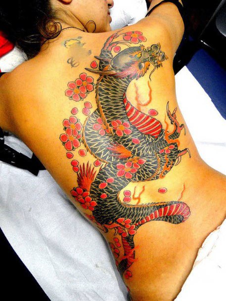 Terrific Red Flowered Dragon Tattoo Womens Back