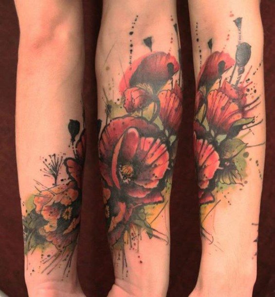 Terrific Red Flowers Tattoo Womens Forearms