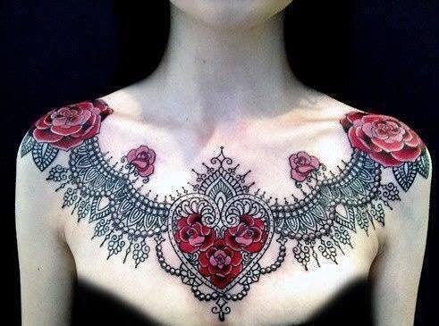 Terrific Shoulder Tattoo With Gems And Flowers For Women