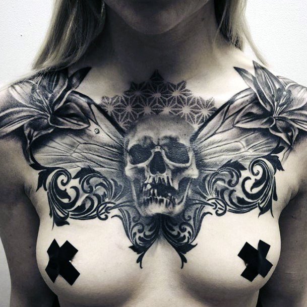 Terrific Skull Tattoo Womens Chest