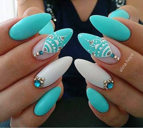 Terrific Turquoised Almond Shaped Nail Art With Stones For Women