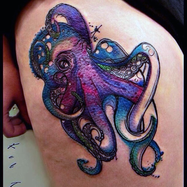 Textured Colored Octopus Tattoo Womens Thighs