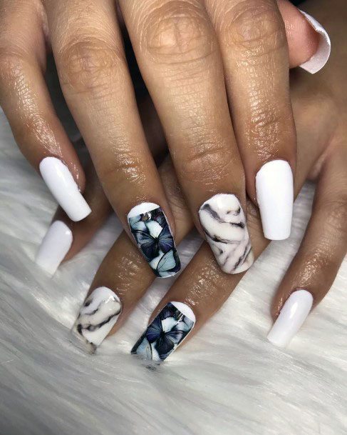 Textured Dark Blossoms On White Gel Nails Women