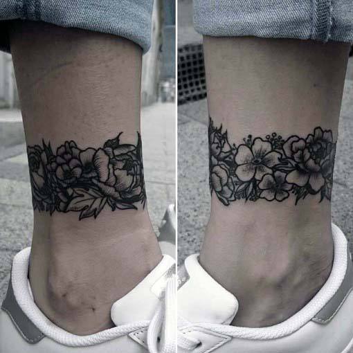 Thick Black Floral Band Tattoo Ankle Women