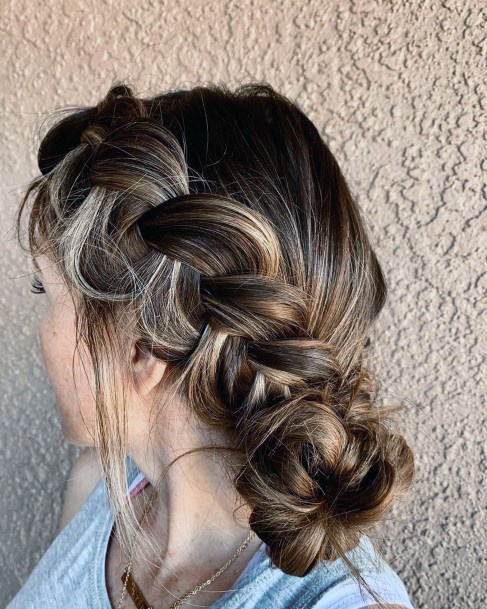 Thick Light Brown Hair With Side Braid Into Low Bun