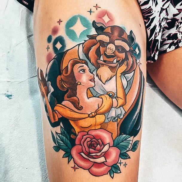 Thigh Colorful Womens Beauty Body Art Beauty And The Beast Tattoo