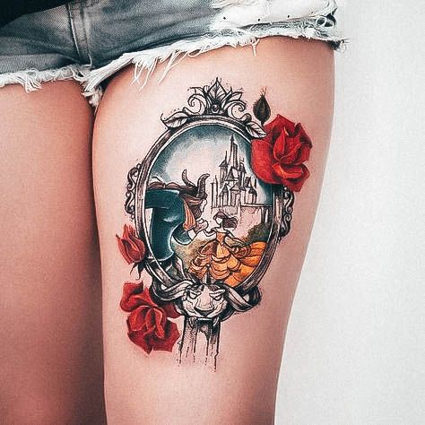 Thigh Detailed Ornate Mirror Appealing Womens Beauty And The Beast Tattoos