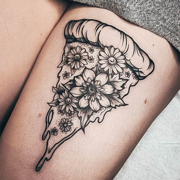 Thigh Floral Toppings Girly Pizza Tattoo Ideas