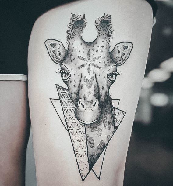 Thigh Geometric Shaded Black And Grey Beautiful Giraffe Tattoo Design Ideas For Women