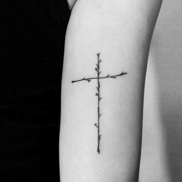 Thin Stalk Cross Tattoo Womens Forearms