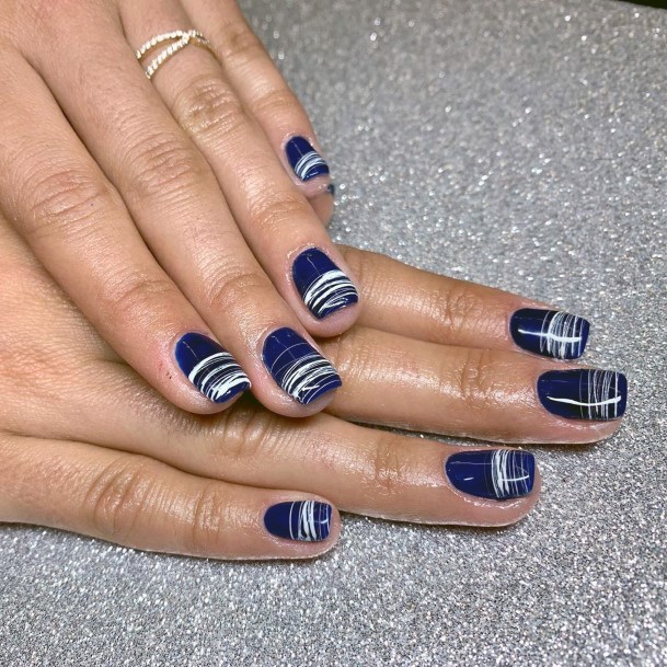 Thin White Strands On Blue Nails For Women