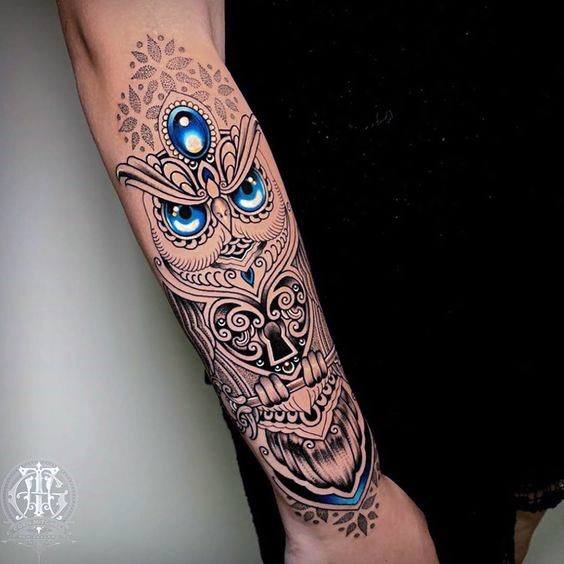 Three Blue Gemmed Owl Tattoo Womens Arms