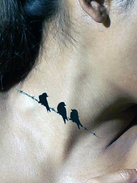 Three Crows On A String Womens Neck Tattoo