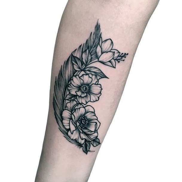 Three Flowers And Feather Tattoo For Women