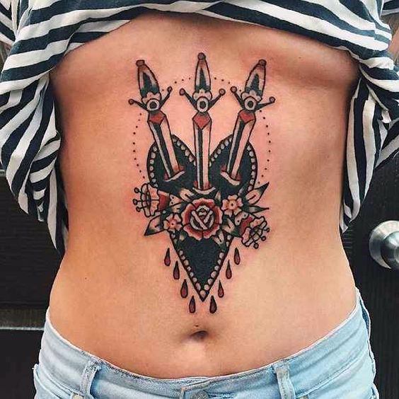 Three Knived Traditional Tattoo Womens Torso