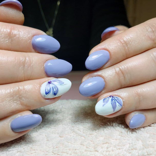 Three Petalled Orchids On Blue Gray Nails