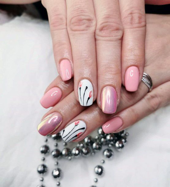 Three Stemmed Plant On Pink Nails Squoval Shaped