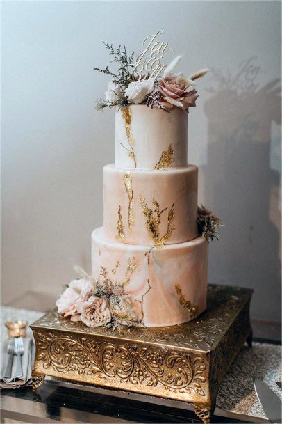 Three Tiered Gold And White Wedding Cake