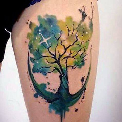 Thriving Green Tree Tattoo Womens Thighs