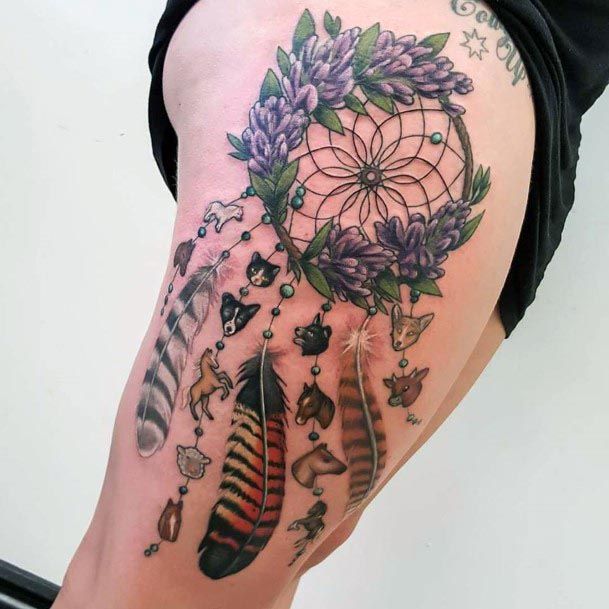 Tiny Animals And Dream Catcher Tattoo Womens Legs