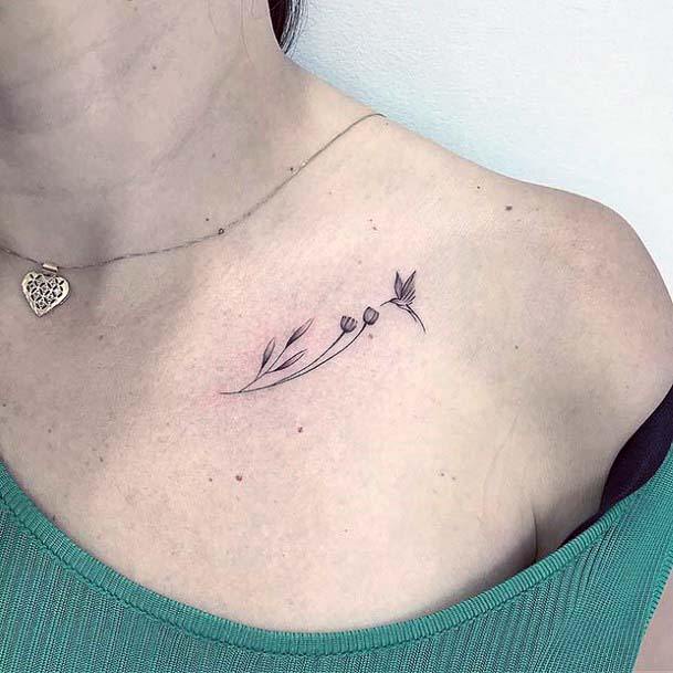 Tiny Bird And Flower Tattoo Womens Collarbone