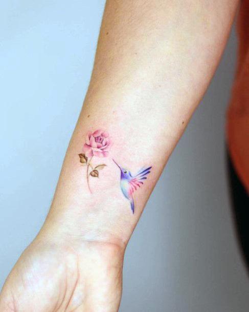 Tiny Blue Bird And Flower Tattoo Womens Hands