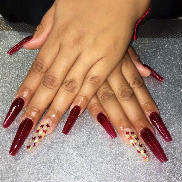 Tiny Butterflies And Maroon Long Nails For Women