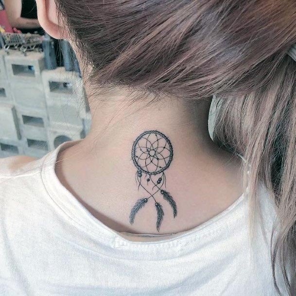 Tiny Dream Catcher Tattoo Womens Neck