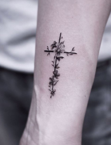 Tiny Florals On Cross Tattoo On Wrists Women