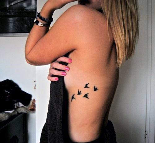 Tiny Flying Black Birds Tattoo Womens Torso