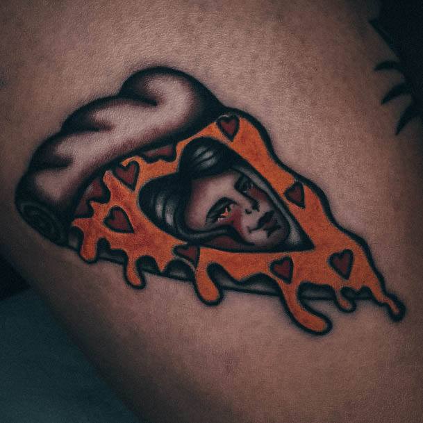 Tiny Portrait Arm Lady With Elegant Pizza Tattoo Body Art