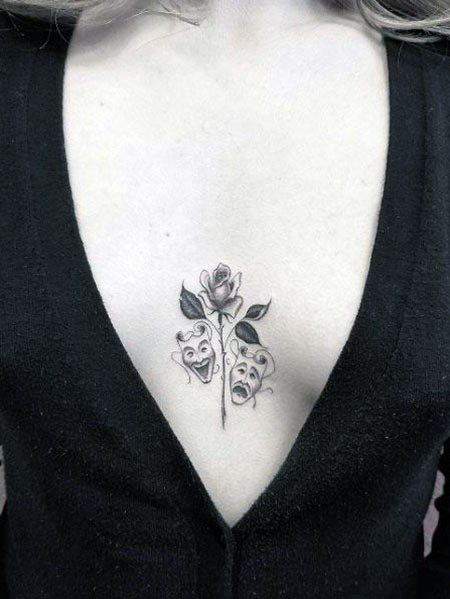 Tiny Rose And Faces Tattoo For Women On Chest